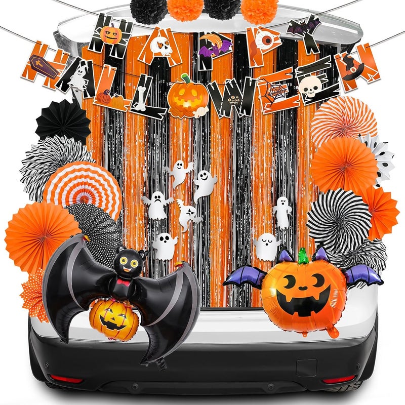 JUYRLE Halloween Trunk or Treat Car Kit - 42Pcs Car and Garage Door Decorations With Banner, Paper Fans, Foil Balloons, Tassel Kits - Image 1
